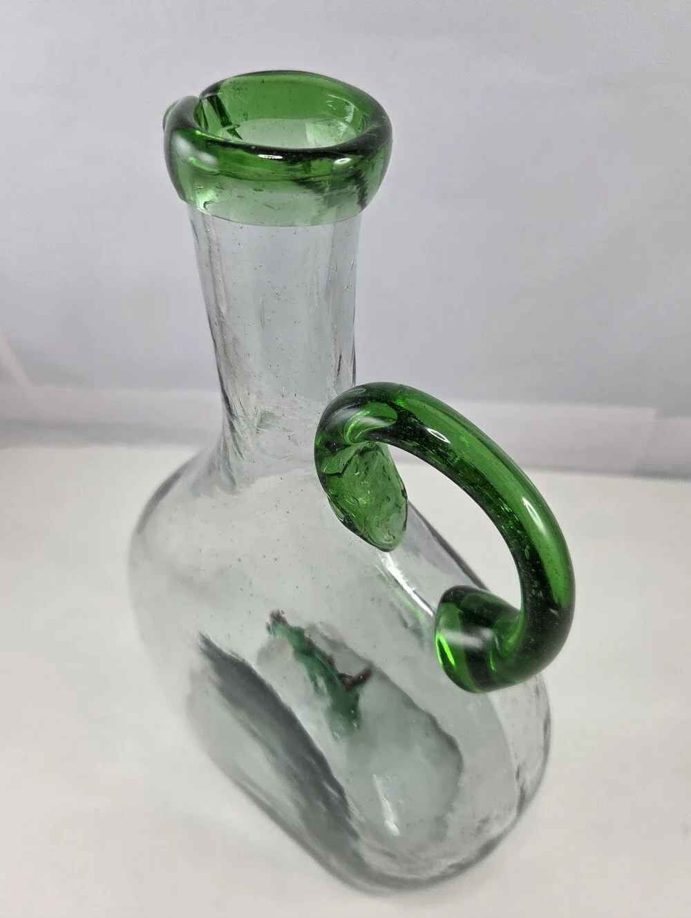 Vintage Mexican Hand-Blown Glass Decanter, Green Cactus Inside Tequila Pitcher